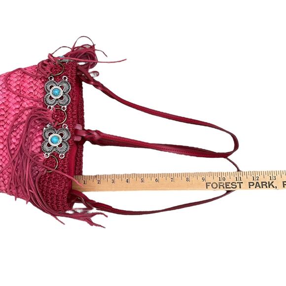 Boho Red Woven Bucket Bag Fringe Western Concho Beaded Shoulder Purse 10x7 - Picture 12 of 12